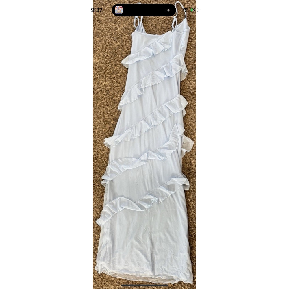 Women's S Light Blue Asymmetric Ruffle Maxi Dress Adjustable Straps Flowy Boho‎
